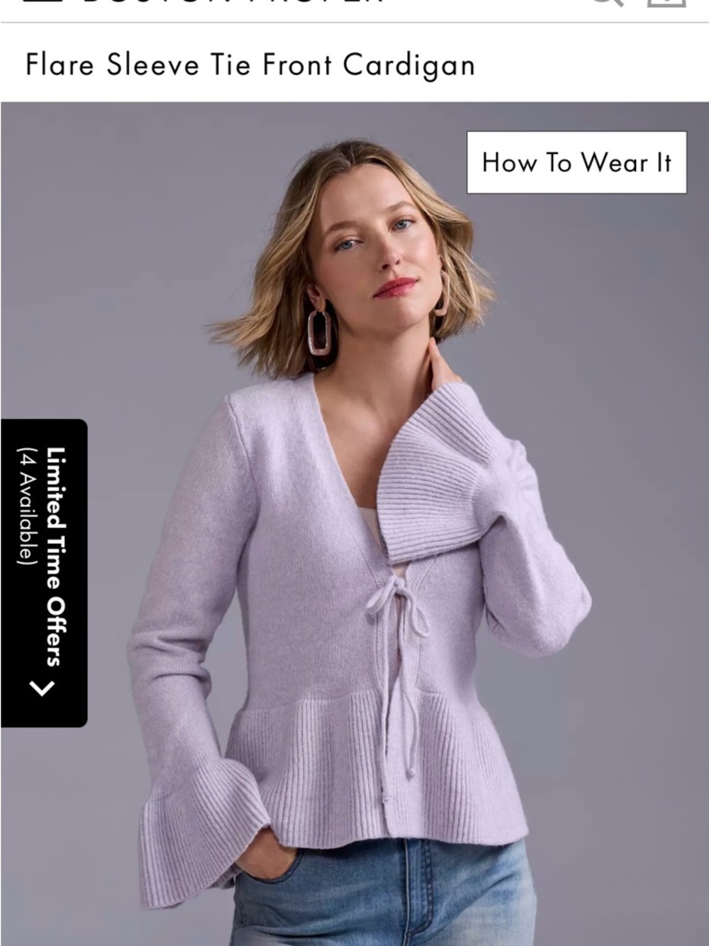 Boston Proper Light Lavender Tie-Front Flare Sleeve Cardigan